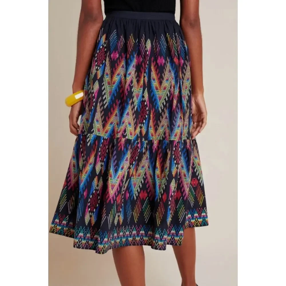 Anthropologie Tanvi Kedia Iris Tiered Midi Skirt Black Chevron Button Front XS